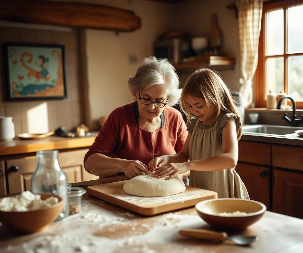 Une grand-mère et sa petite-fille pétrissent une pâte dans une cuisine ensoleillée