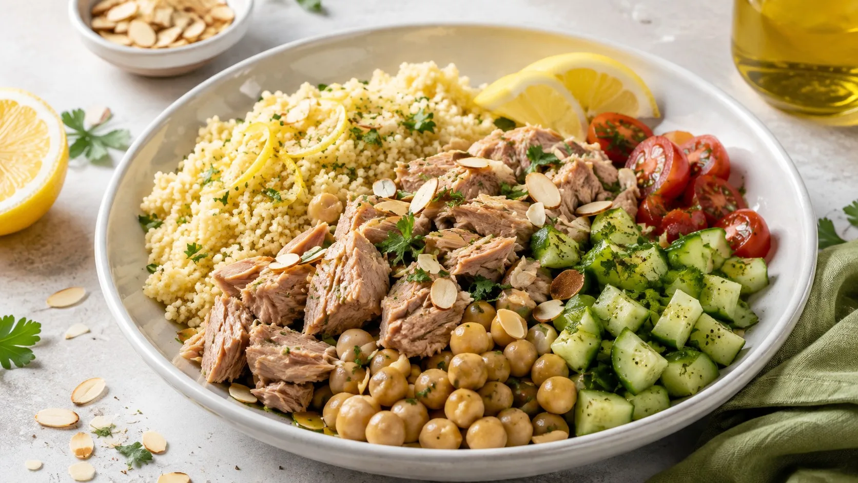 Assiette au thon, semoule citronnée et amandes : une escale facile sans cuisson compliquée — recette Tunisie