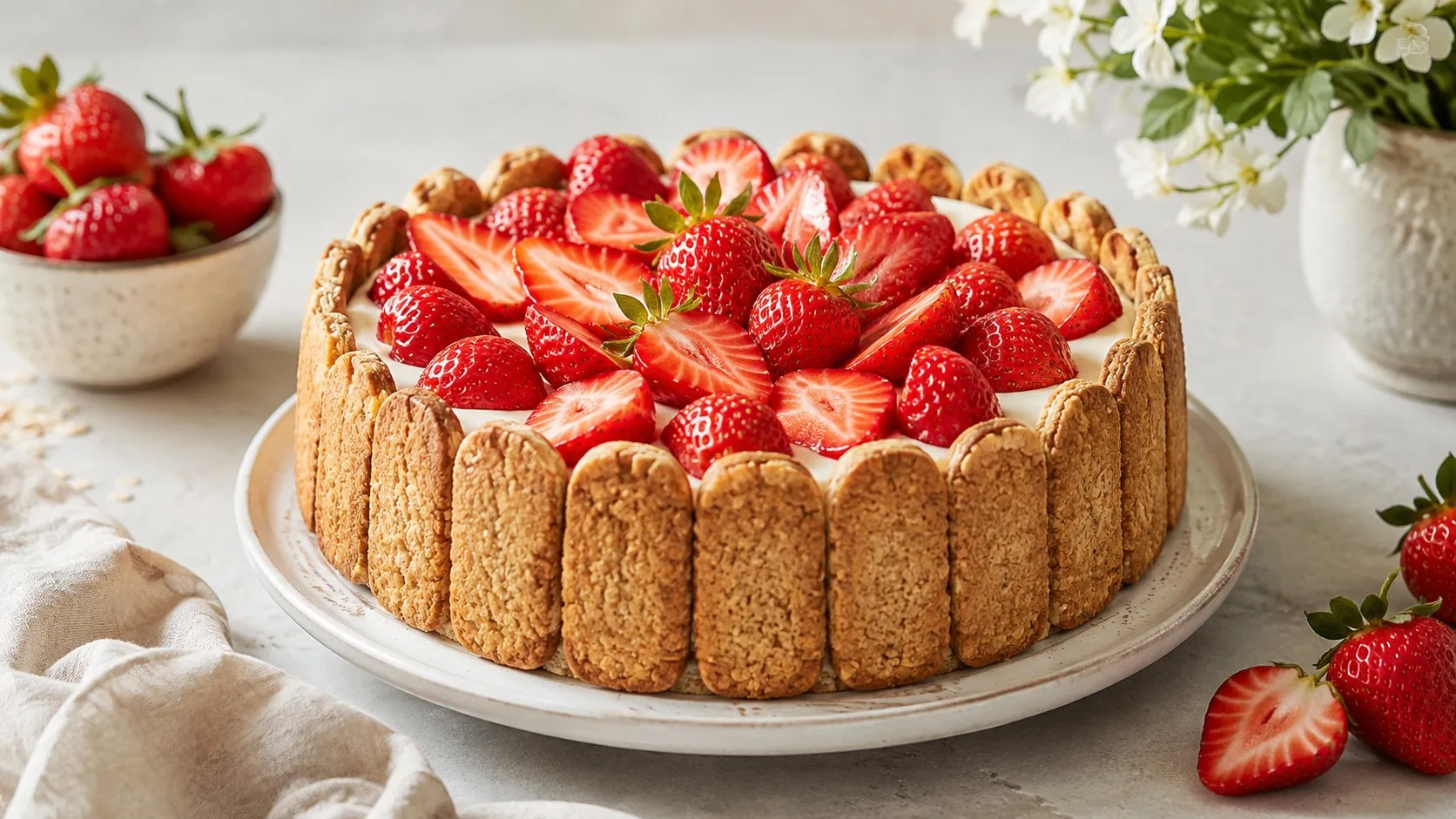 Charlotte aux fraises végétale du matin : crème façon cheesecake et biscuits à l’avoine — recette France