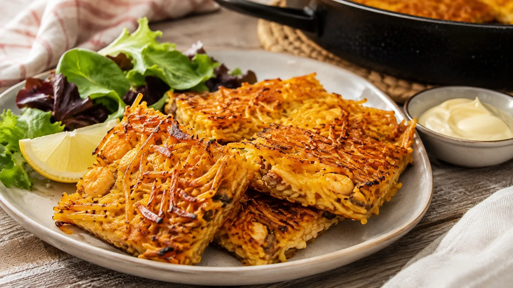 Fideuà en parts croustillantes : la cuisson poêle pour une version street food — recette Espagne