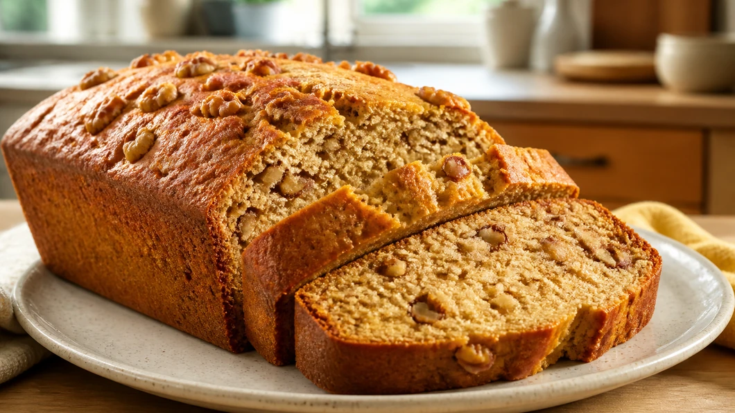 Cake banane et noix : une mie moelleuse sans centre humide prêt à être servi