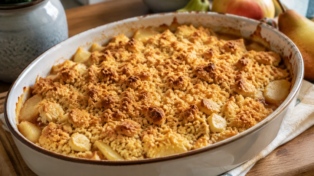 Pâte à crumble croustillante : le mélange qui reste doré et sablé prêt à être servi