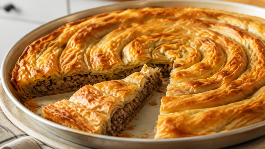 Burek bosnien à la viande : des feuilles croustillantes et une farce juteuse prêt à être servi