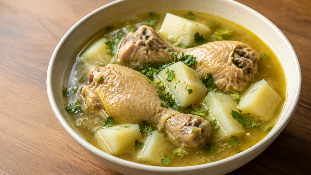 Sancocho panaméen au poulet : un bouillon parfumé sans ñame défait prêt à être servi