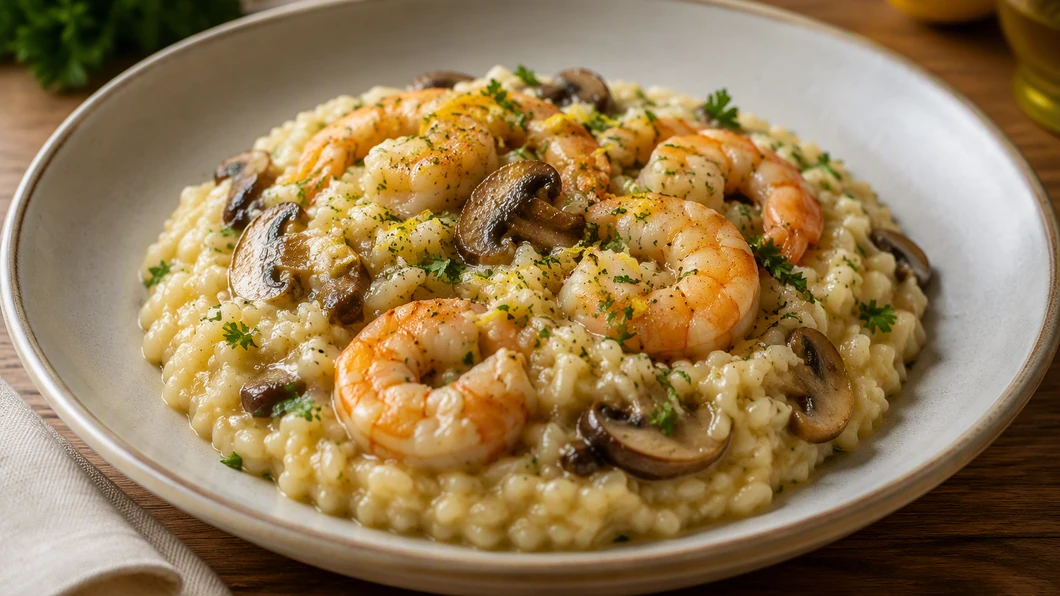 Risotto terre-mer aux champignons et aux crevettes, crémeux sans fruits de mer trop cuits — recette Italie
